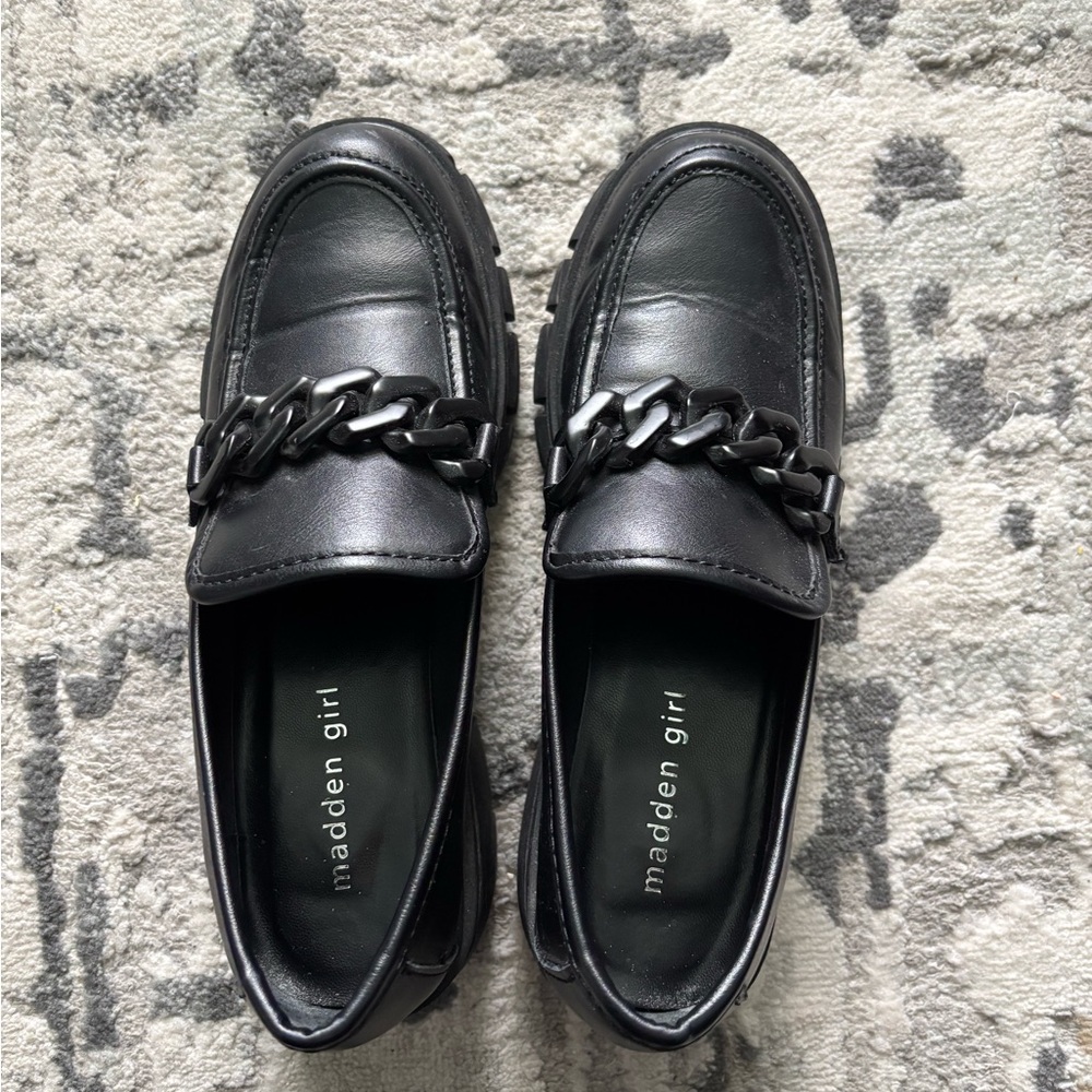 Madden Girl Black Slip-On Loafers with Chain Detail